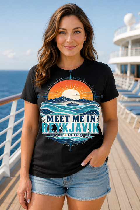 Female black T-shirt cruise deck mockup using exact CRUISE-0218 artwork