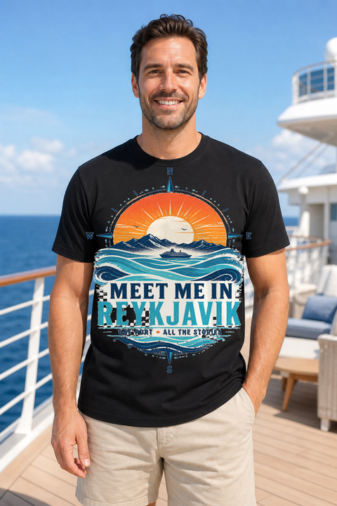 Male black T-shirt cruise deck mockup using exact CRUISE-0218 artwork