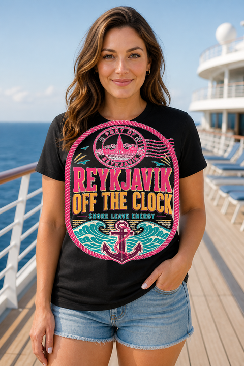 Female black T-shirt cruise deck mockup using exact CRUISE-0219 artwork