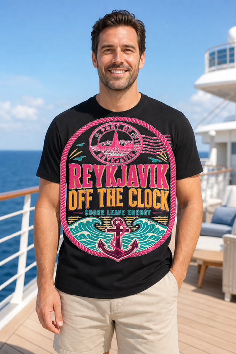 Male black T-shirt cruise deck mockup using exact CRUISE-0219 artwork