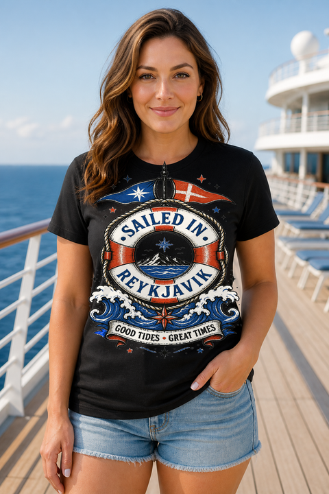 Female black T-shirt cruise deck mockup using exact CRUISE-0220 artwork