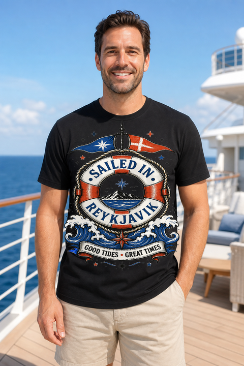 Male black T-shirt cruise deck mockup using exact CRUISE-0220 artwork