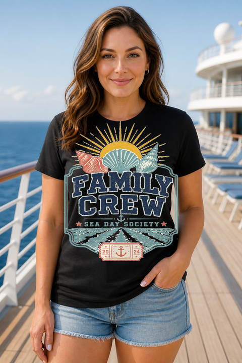 Female black T-shirt cruise deck mockup using exact CRUISE-0221 artwork