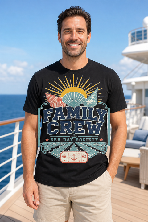 Male black T-shirt cruise deck mockup using exact CRUISE-0221 artwork
