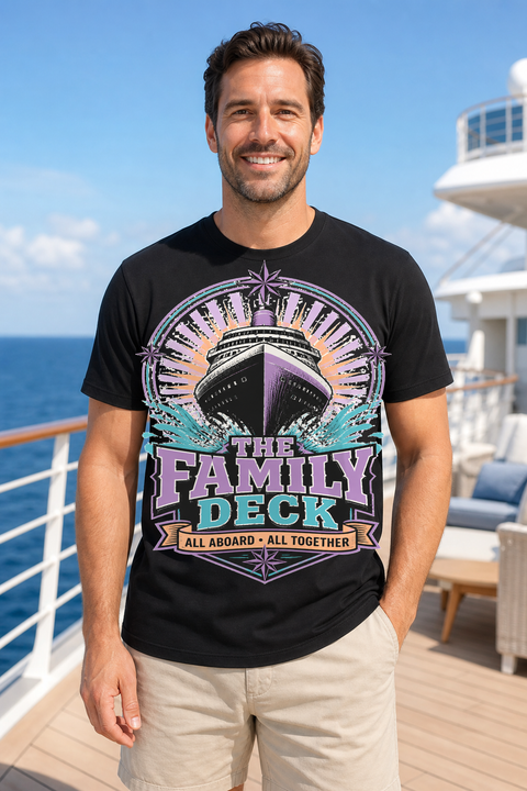 Male black T-shirt cruise deck mockup using exact CRUISE-0222 artwork