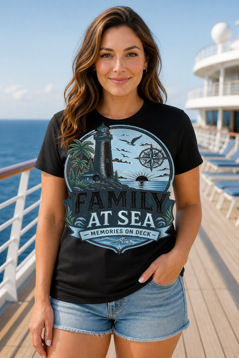 Female black T-shirt cruise deck mockup using exact CRUISE-0223 artwork