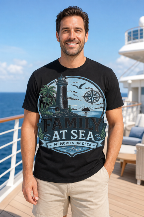 Male black T-shirt cruise deck mockup using exact CRUISE-0223 artwork
