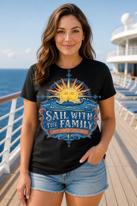 Female black T-shirt cruise deck mockup using exact CRUISE-0224 artwork