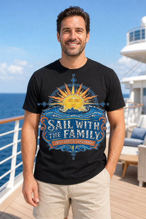 Male black T-shirt cruise deck mockup using exact CRUISE-0224 artwork