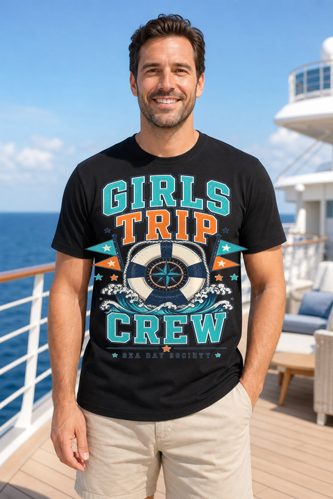 Male black T-shirt cruise deck mockup using exact CRUISE-0226 artwork