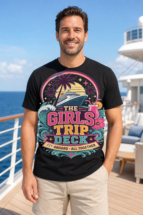 Male black T-shirt cruise deck mockup using exact CRUISE-0227 artwork