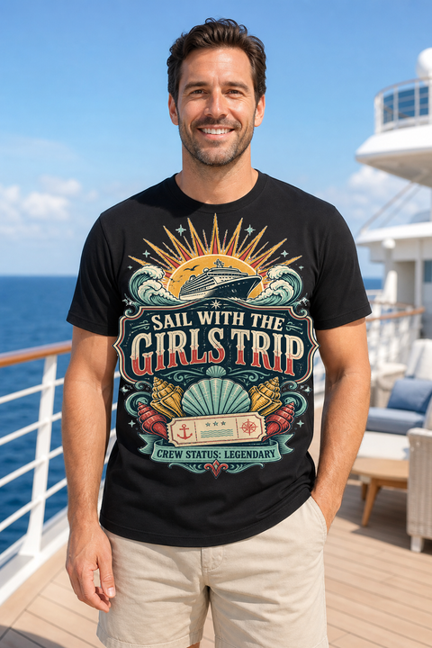 Male black T-shirt cruise deck mockup using exact CRUISE-0229 artwork