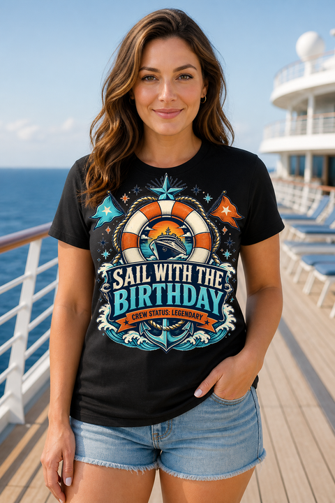 Female black T-shirt cruise deck mockup using exact CRUISE-0234 artwork