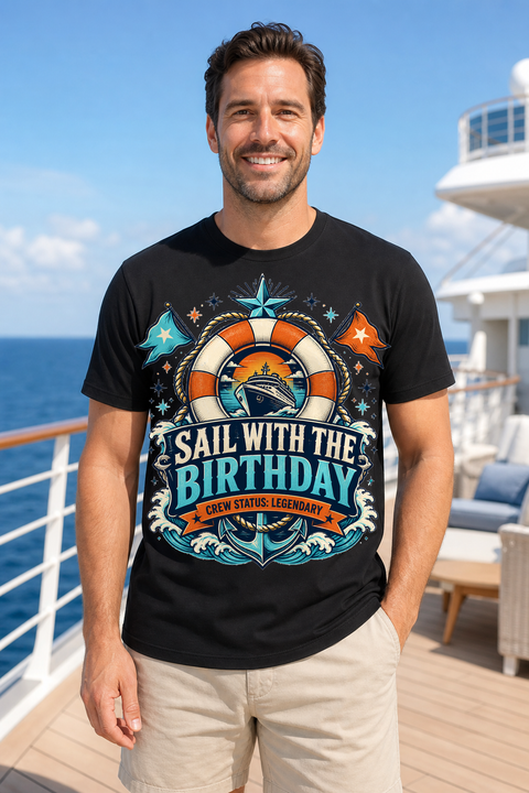 Male black T-shirt cruise deck mockup using exact CRUISE-0234 artwork