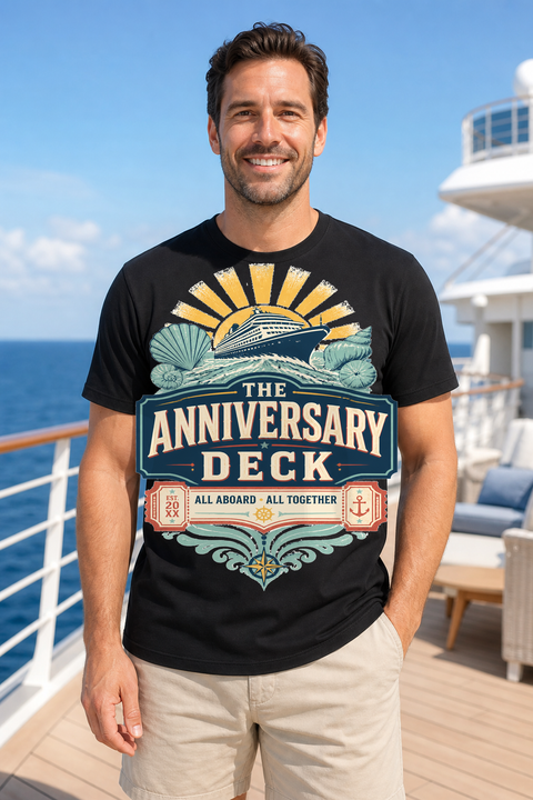 Male black T-shirt cruise deck mockup using exact CRUISE-0237 artwork