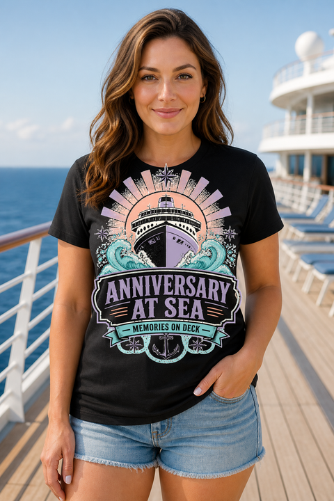 Female black T-shirt cruise deck mockup using exact CRUISE-0238 artwork
