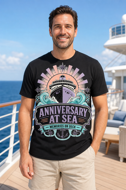 Male black T-shirt cruise deck mockup using exact CRUISE-0238 artwork