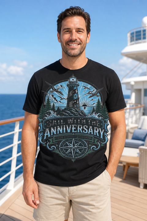 Male black T-shirt cruise deck mockup using exact CRUISE-0239 artwork