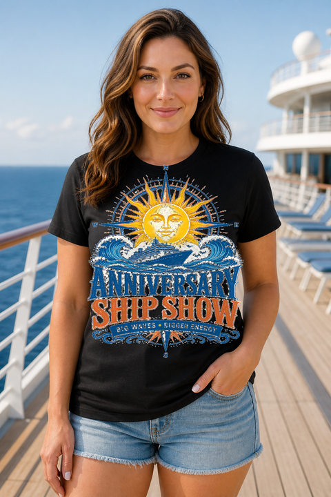 Female black T-shirt cruise deck mockup using exact CRUISE-0240 artwork