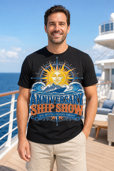 Male black T-shirt cruise deck mockup using exact CRUISE-0240 artwork
