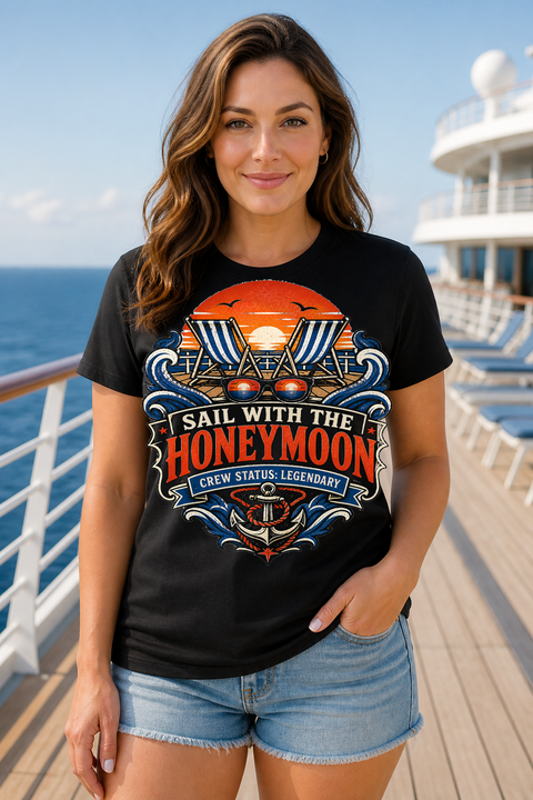 Female black T-shirt cruise deck mockup using exact CRUISE-0244 artwork