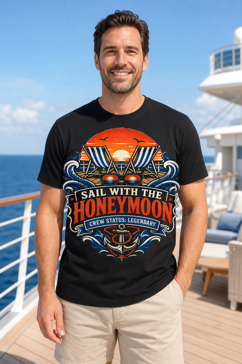 Male black T-shirt cruise deck mockup using exact CRUISE-0244 artwork