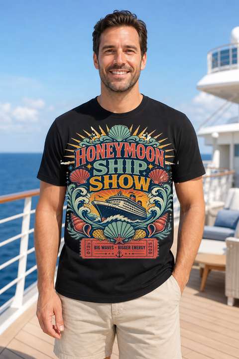 Male black T-shirt cruise deck mockup using exact CRUISE-0245 artwork