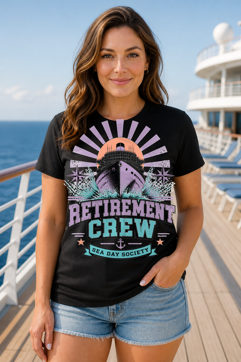 Female black T-shirt cruise deck mockup using exact CRUISE-0246 artwork