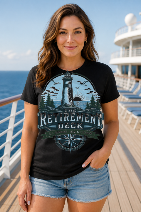 Female black T-shirt cruise deck mockup using exact CRUISE-0247 artwork