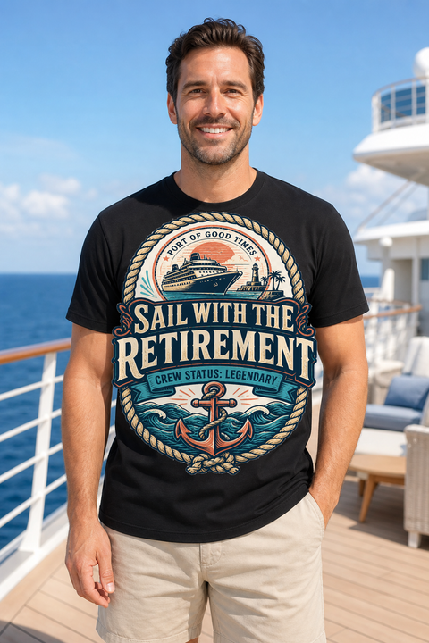 Male black T-shirt cruise deck mockup using exact CRUISE-0249 artwork