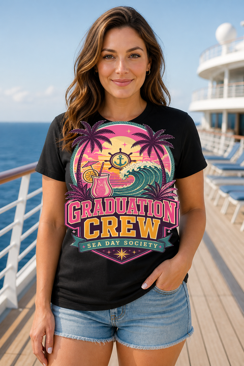 Female black T-shirt cruise deck mockup using exact CRUISE-0251 artwork