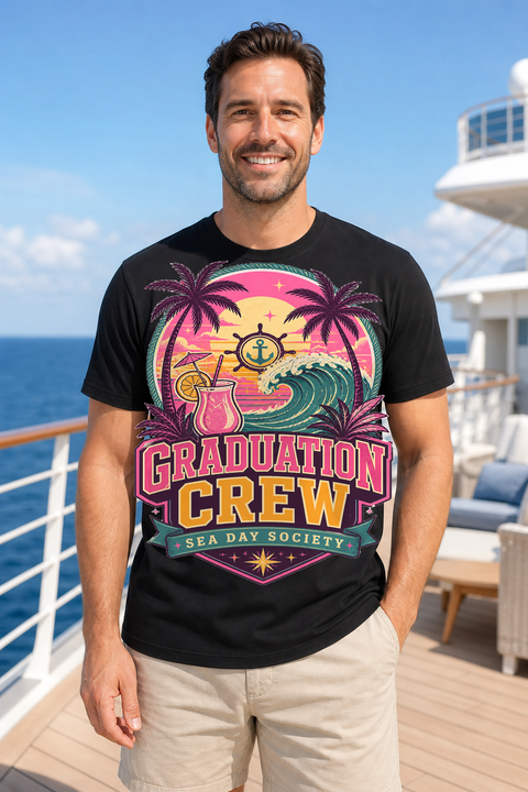 Male black T-shirt cruise deck mockup using exact CRUISE-0251 artwork