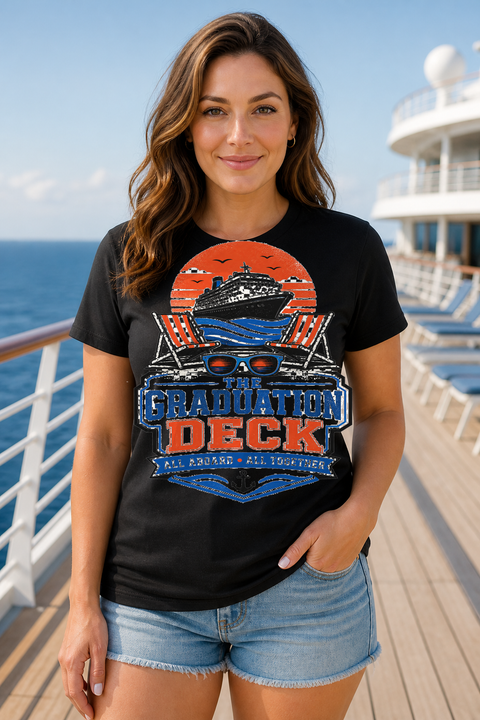 Female black T-shirt cruise deck mockup using exact CRUISE-0252 artwork