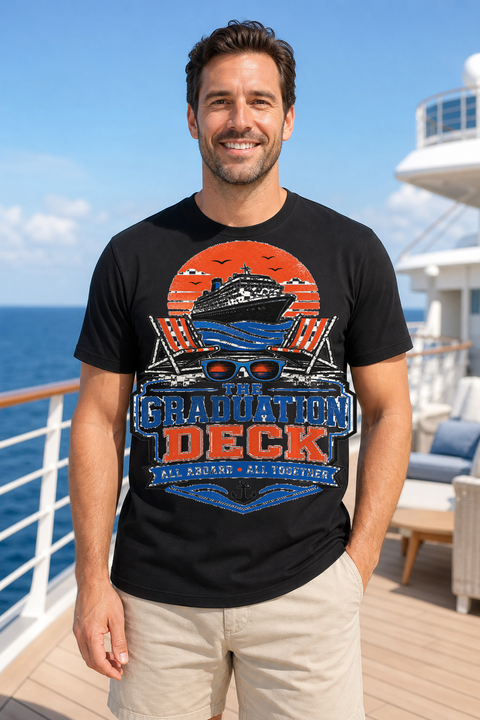 Male black T-shirt cruise deck mockup using exact CRUISE-0252 artwork