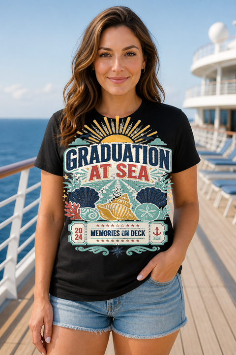Female black T-shirt cruise deck mockup using exact CRUISE-0253 artwork