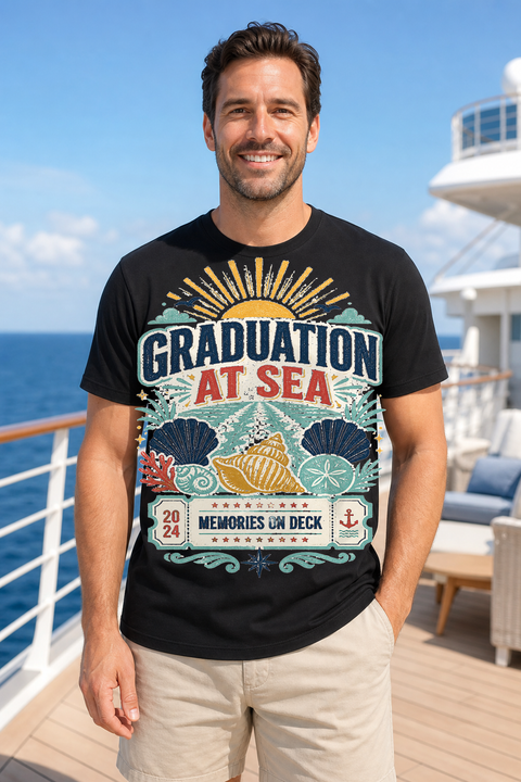 Male black T-shirt cruise deck mockup using exact CRUISE-0253 artwork