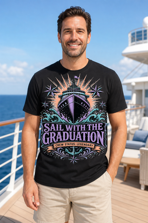 Male black T-shirt cruise deck mockup using exact CRUISE-0254 artwork