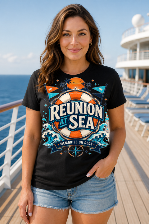 Female black T-shirt cruise deck mockup using exact CRUISE-0258 artwork