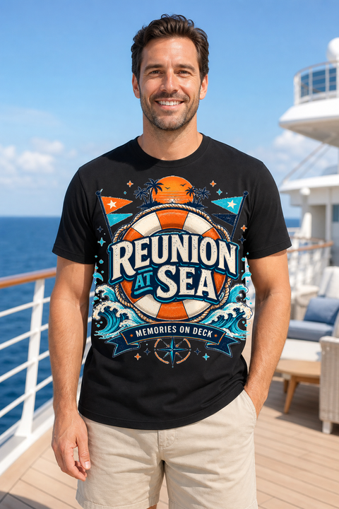 Male black T-shirt cruise deck mockup using exact CRUISE-0258 artwork