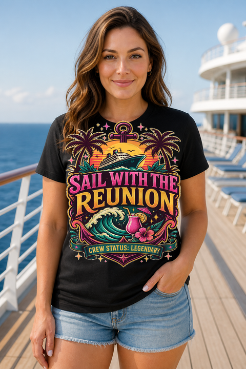 Female black T-shirt cruise deck mockup using exact CRUISE-0259 artwork