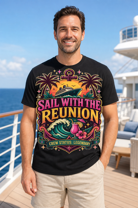 Male black T-shirt cruise deck mockup using exact CRUISE-0259 artwork