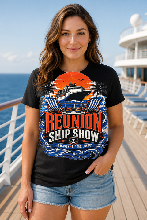 Female black T-shirt cruise deck mockup using exact CRUISE-0260 artwork