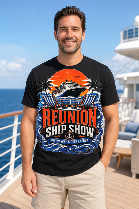 Male black T-shirt cruise deck mockup using exact CRUISE-0260 artwork