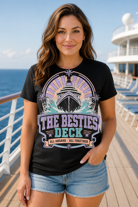 Female black T-shirt cruise deck mockup using exact CRUISE-0262 artwork