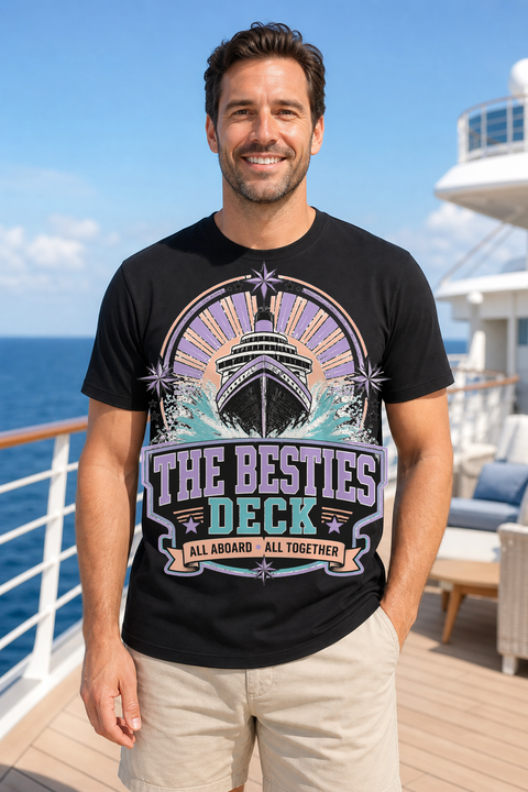 Male black T-shirt cruise deck mockup using exact CRUISE-0262 artwork