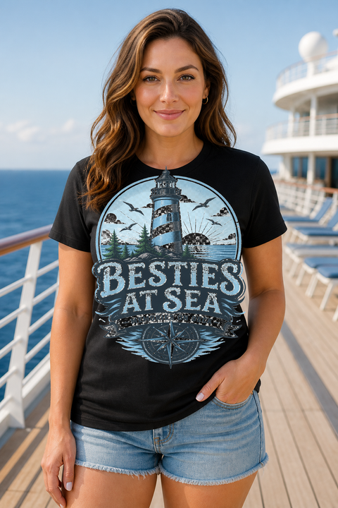 Female black T-shirt cruise deck mockup using exact CRUISE-0263 artwork