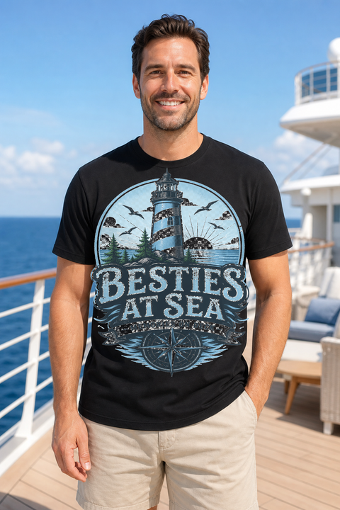 Male black T-shirt cruise deck mockup using exact CRUISE-0263 artwork