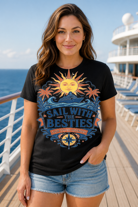Female black T-shirt cruise deck mockup using exact CRUISE-0264 artwork