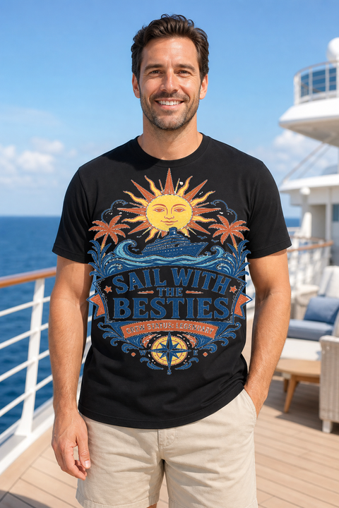 Male black T-shirt cruise deck mockup using exact CRUISE-0264 artwork