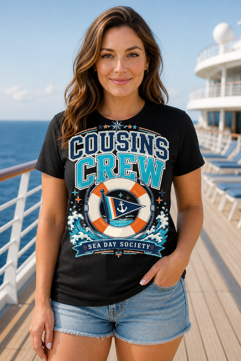 Female black T-shirt cruise deck mockup using exact CRUISE-0266 artwork
